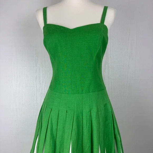 Boden Matilda Retro Pleated Green White Women Linen Blend Dress Size 4L
